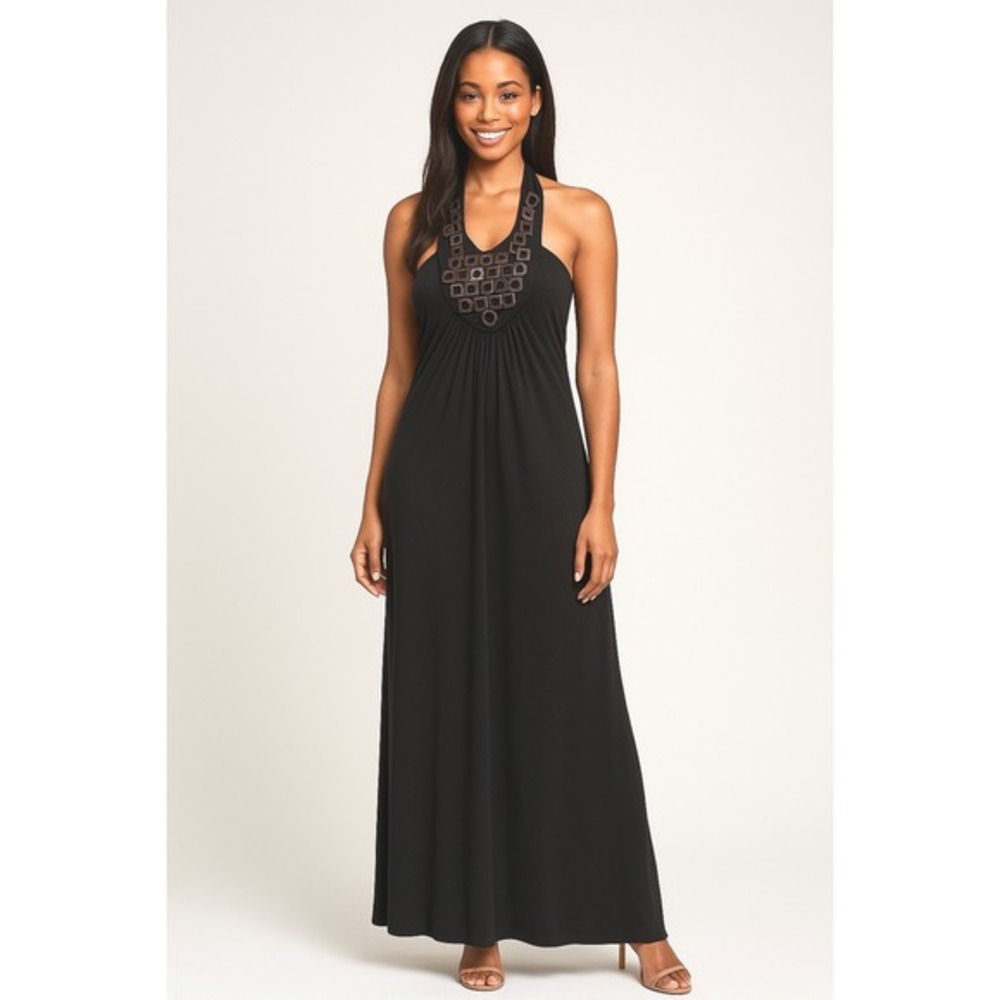Forever Black Halter Maxi Dress Bronze Square Link Embellished L Resort 83-08